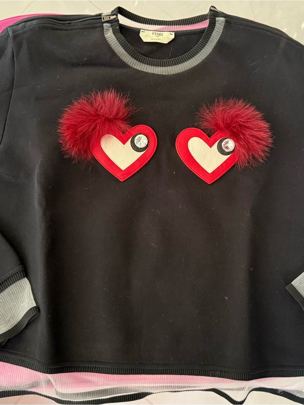 FENDI 90’s Y2K Beating Hearts Sweater Genuine Fox Fur Trim in Black, Women Sz 4
